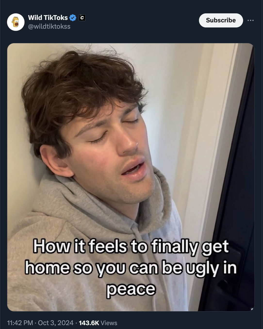 photo caption - Wild TikToks c Subscribe How it feels to finally get home so you can be ugly in peace Views